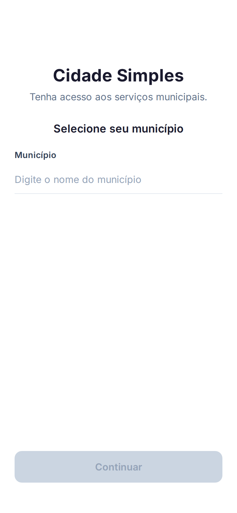 Tela de seleção de município no aplicativo