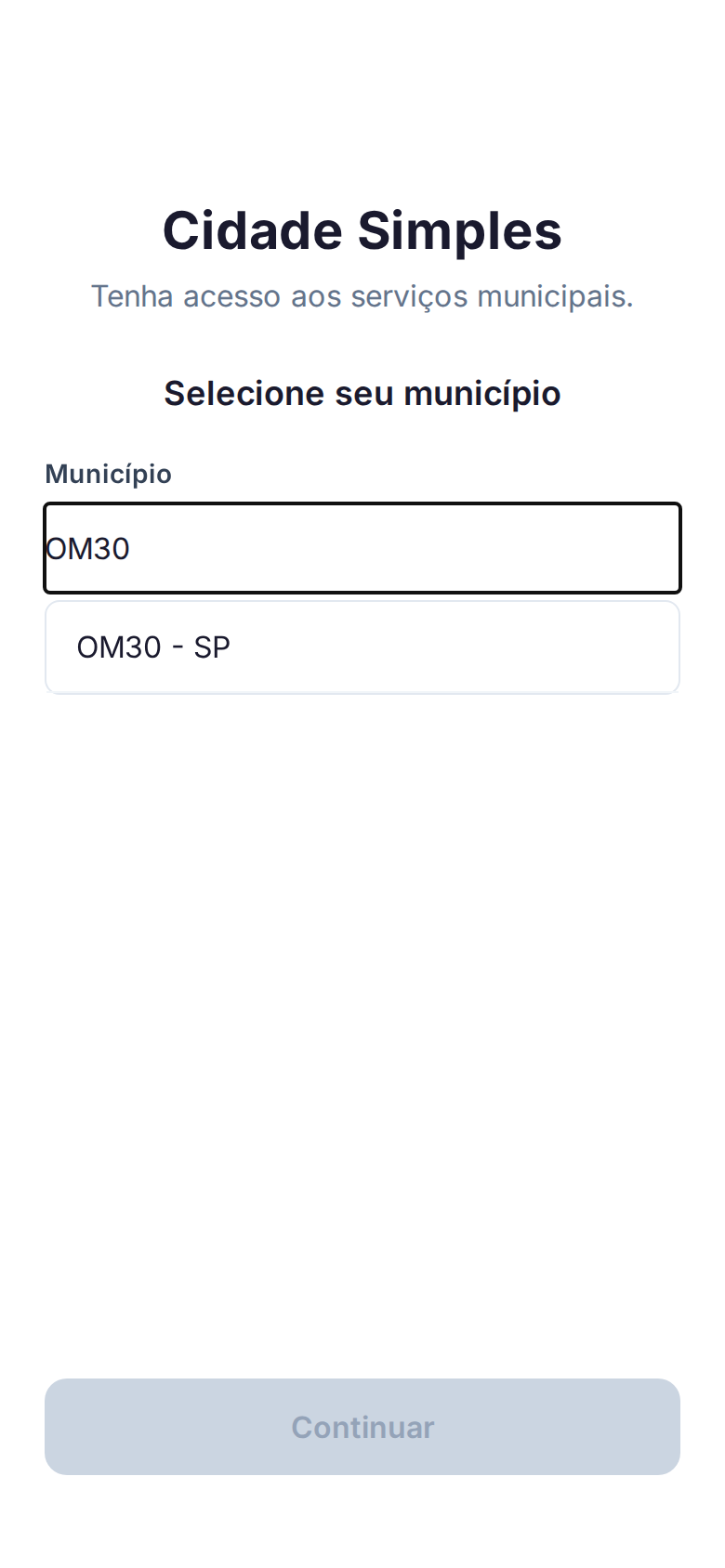 Campo de busca de município preenchido, com resultado na lista