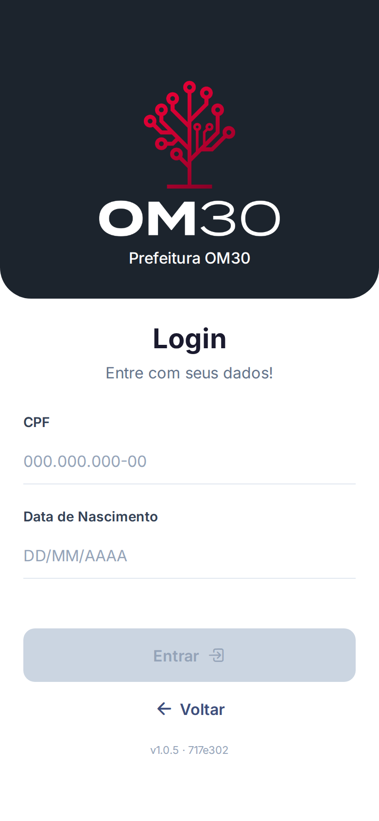 Tela de login com campos de CPF e data de nascimento