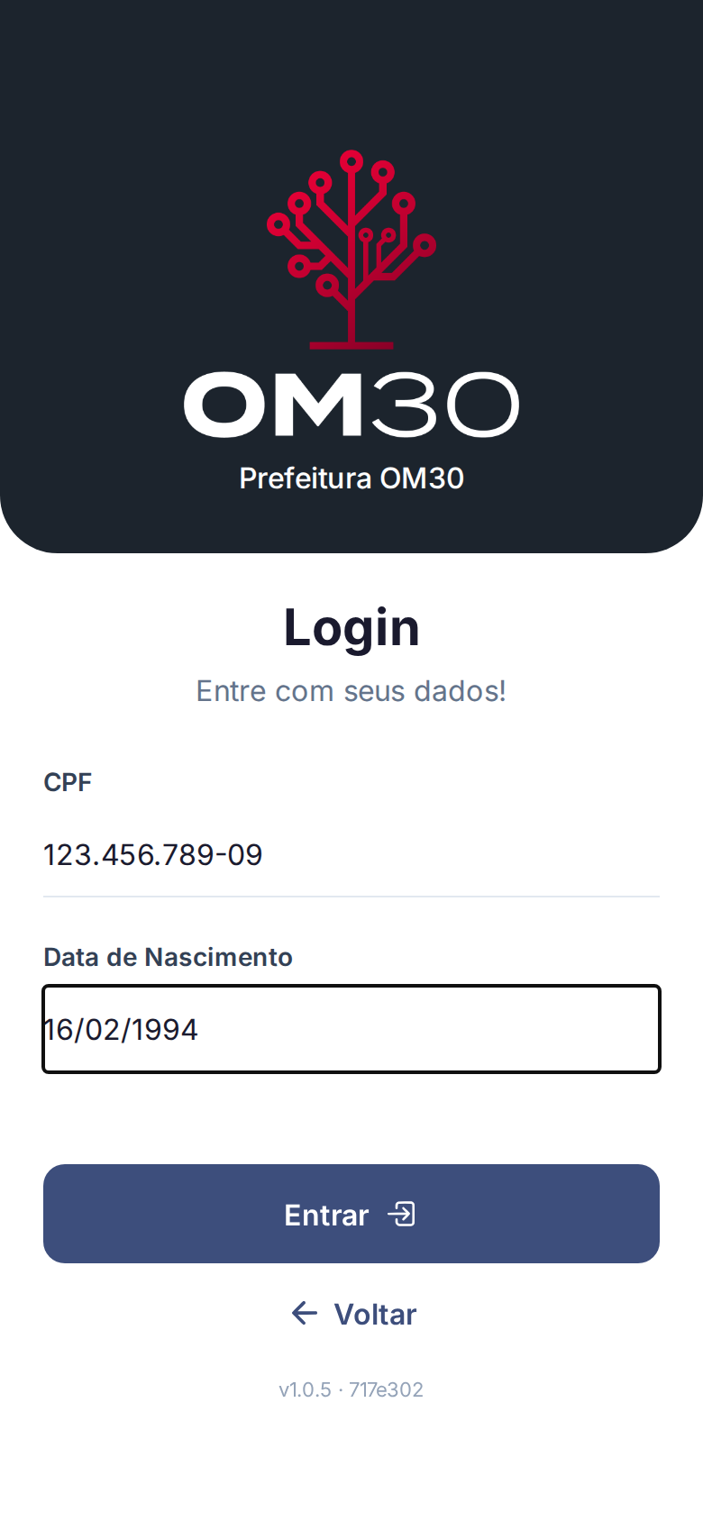 Tela de login com CPF e data de nascimento preenchidos