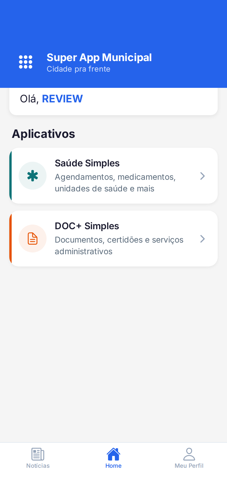 Tela inicial do Cidade Simples mostrando os aplicativos disponíveis no município