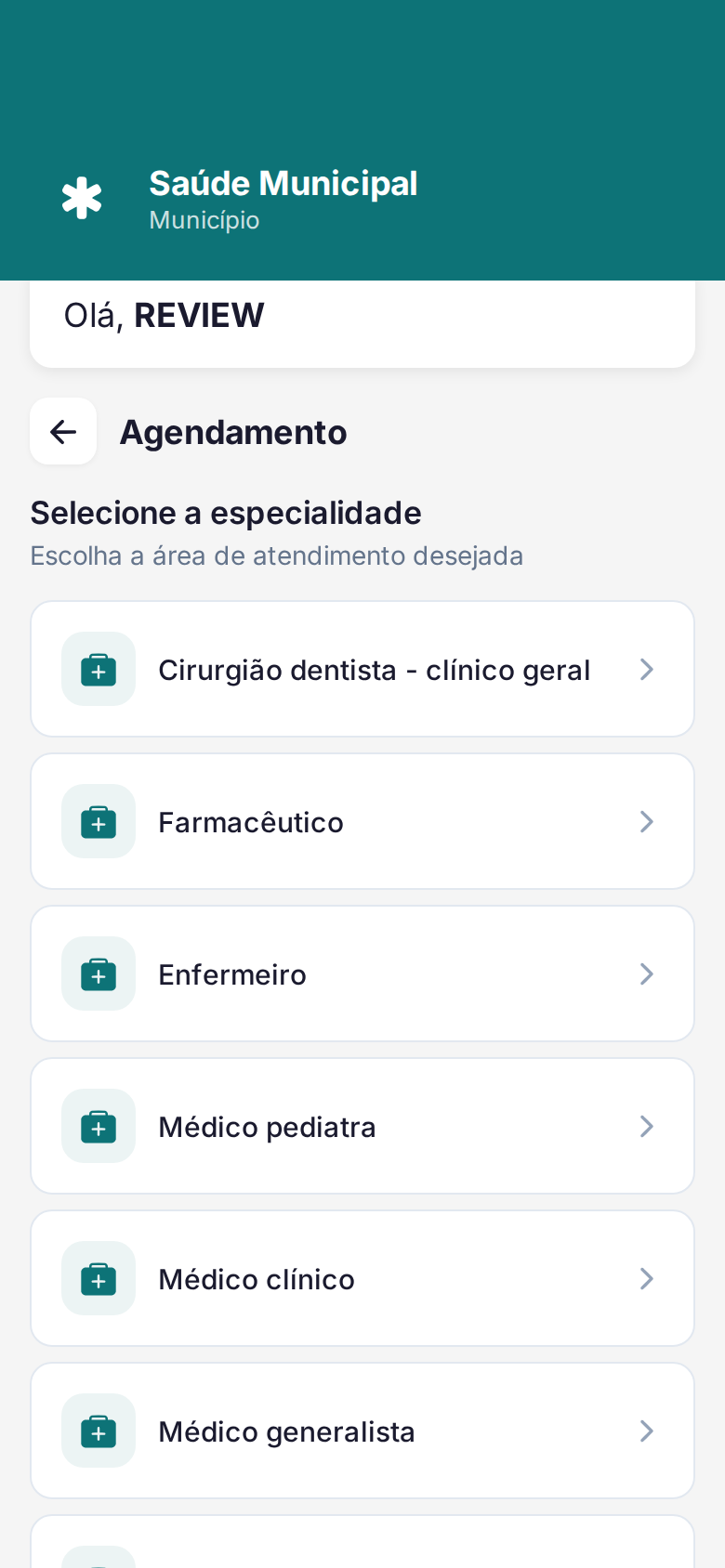 Tela de novo agendamento com a lista de especialidades