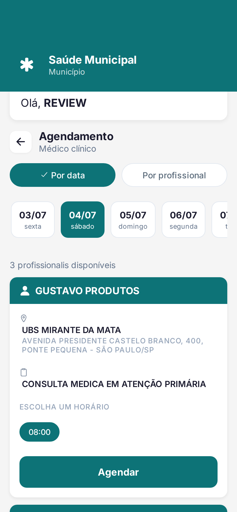 Horário selecionado na lista de vagas