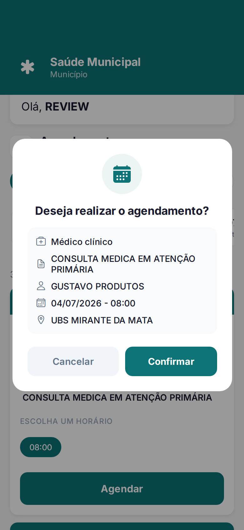 Tela de confirmação dos dados do agendamento