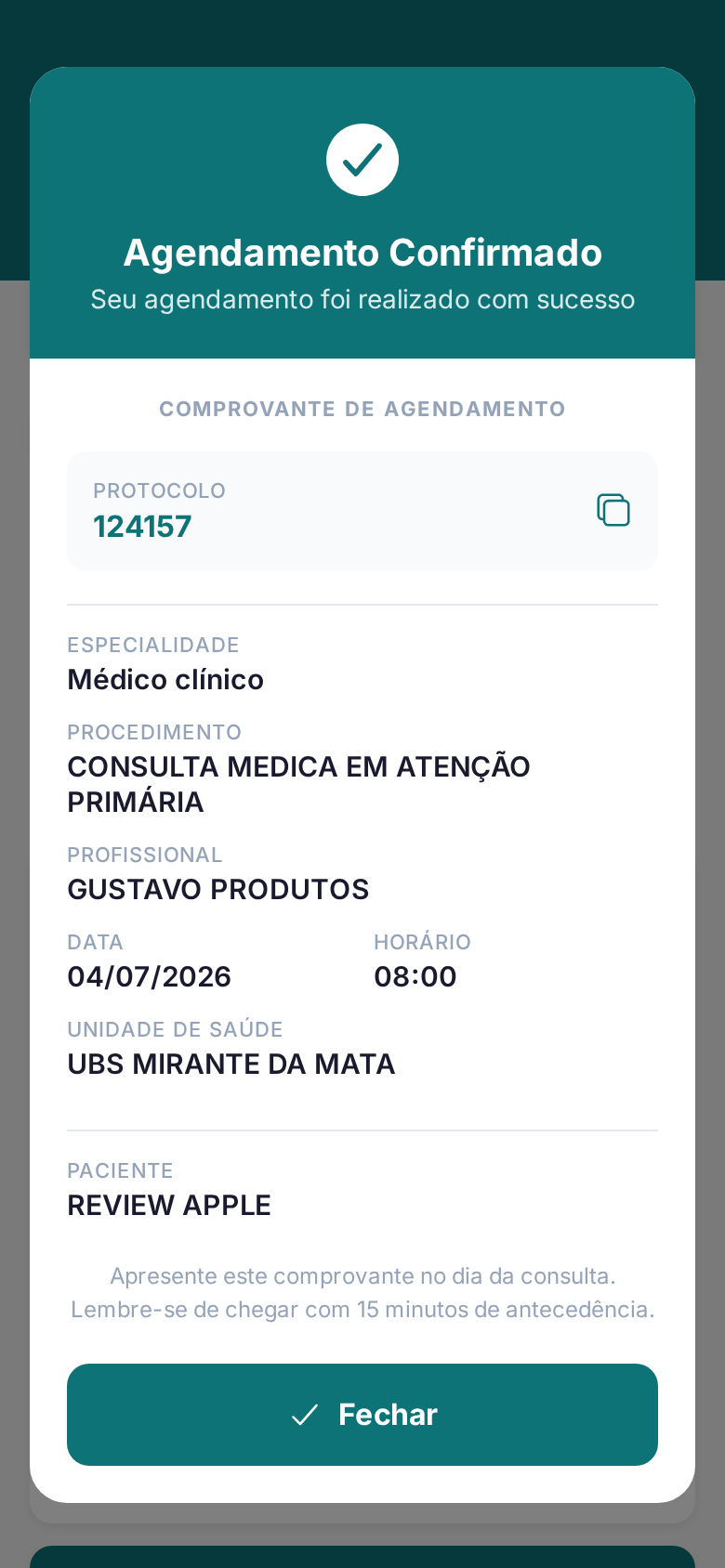 Mensagem de agendamento realizado com sucesso