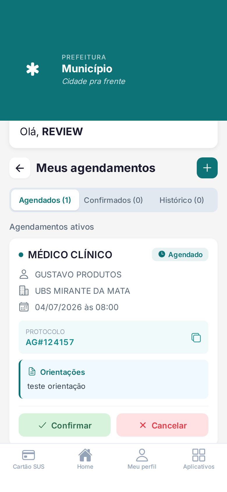 Lista de agendamentos do cidadão com abas de agendados, confirmados e histórico