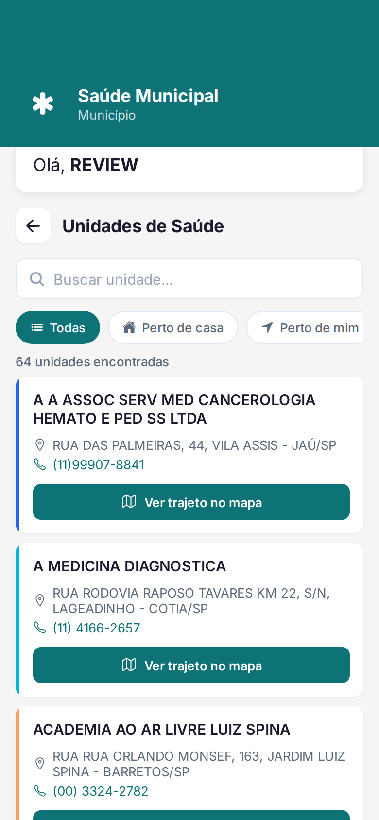 Mapa com as unidades de saúde próximas